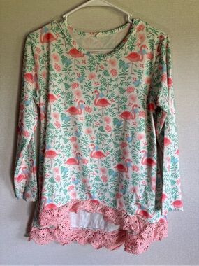 Girls Cream Flamingo Print Long Sleeve Top with Pink Lace Trim